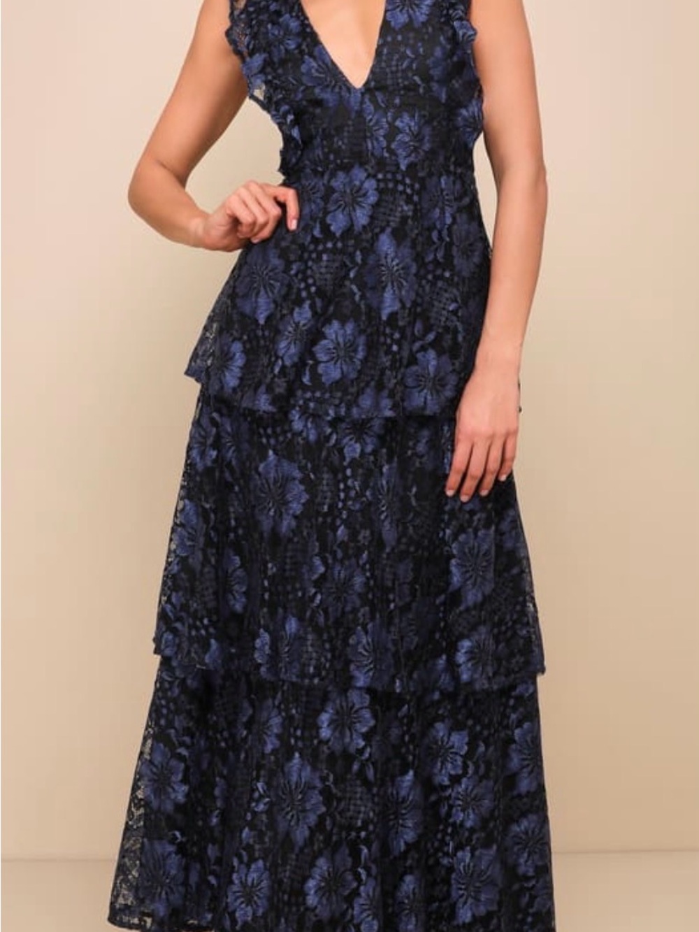 Lulu's Navy Floral Lace Tiered V-Neck Maxi Dress - Picture 3 of 3